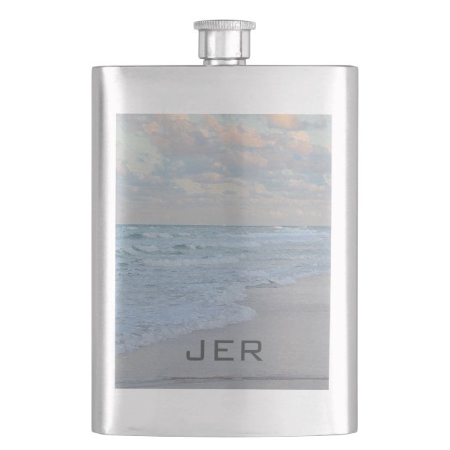 Monogrammed Artistic Blue Green Ocean Shoreline Hip Flask (Front)