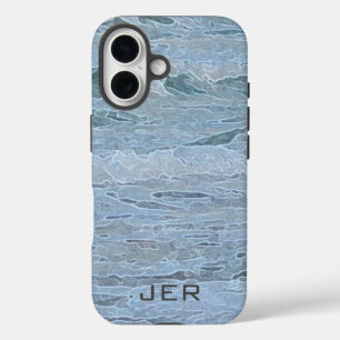 Monogrammed Artistic Blue Green Ocean Waves Art iPhone 16 Case