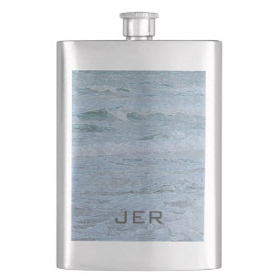 Monogrammed Artistic Blue Green Ocean Waves Hip Flask