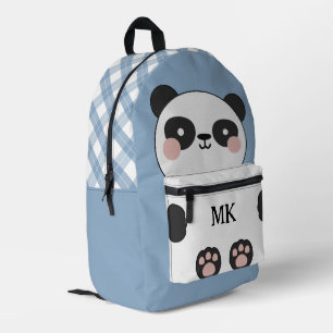 Monogrammed Ash Blue Cute Panda Kids Printed Backpack