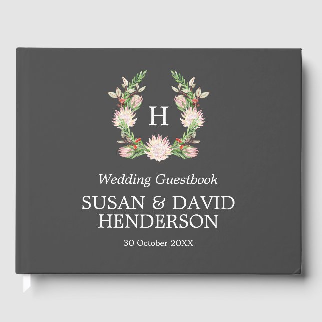 Monogrammed Australian Flowers Grey & Pink Wedding Guest Book (Front)