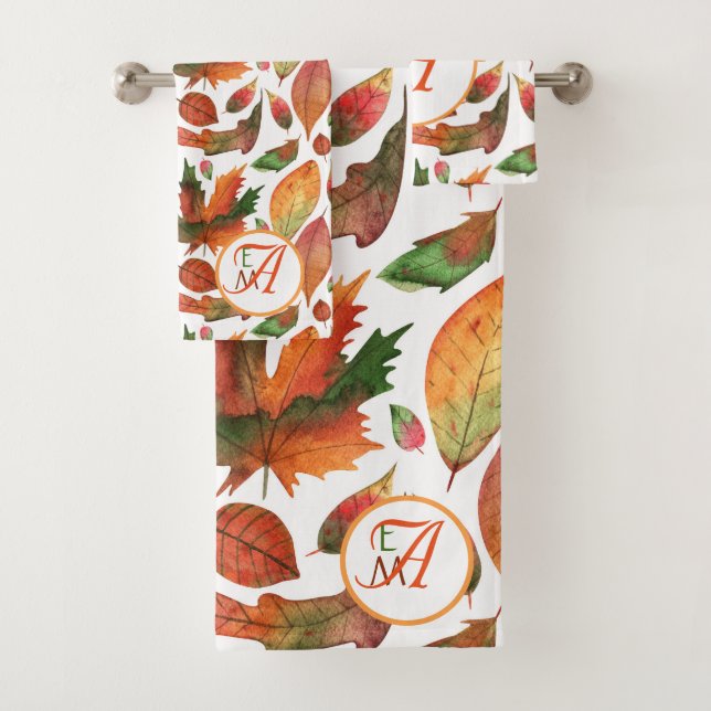 Monogrammed Autumn Leaves Fall Orange Green Decor Bath Towel Set (Insitu)