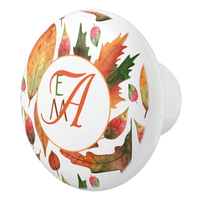 Monogrammed Autumn Leaves Fall Orange Green Decor Ceramic Knob (Right)