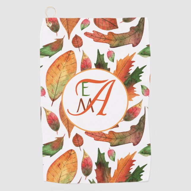 Monogrammed Autumn Leaves Fall Orange Green Decor Golf Towel (Front)