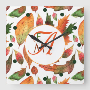 Monogrammed Autumn Leaves Fall Orange Green Decor Square Wall Clock
