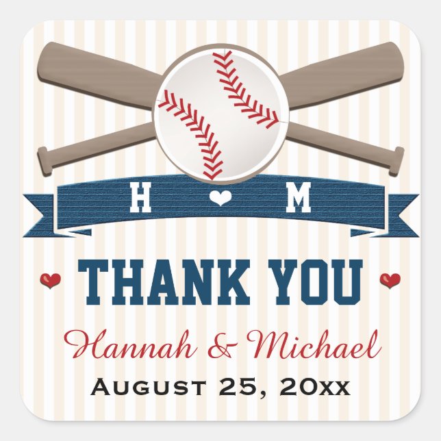 MONOGRAMMED BASEBALL THANK YOU WEDDING FAVOR SQUARE STICKER (Front)
