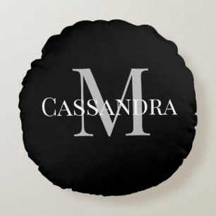 Monogrammed Basic Black Solid Colour Plain Simple Round Pillow