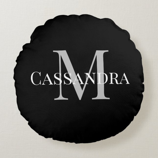 Monogrammed Basic Black Solid Colour Plain Simple Round Pillow (Front)