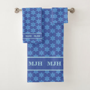 Monogrammed Bath Towel Set - Blue Snowflakes