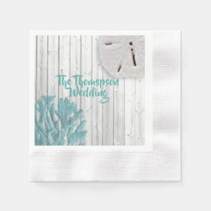 Monogrammed Beach Wood Teal Coral Paper Napkins