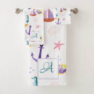 Monogrammed Beachhut Kids Bathroom Ocean Life Sea Bath Towel Set