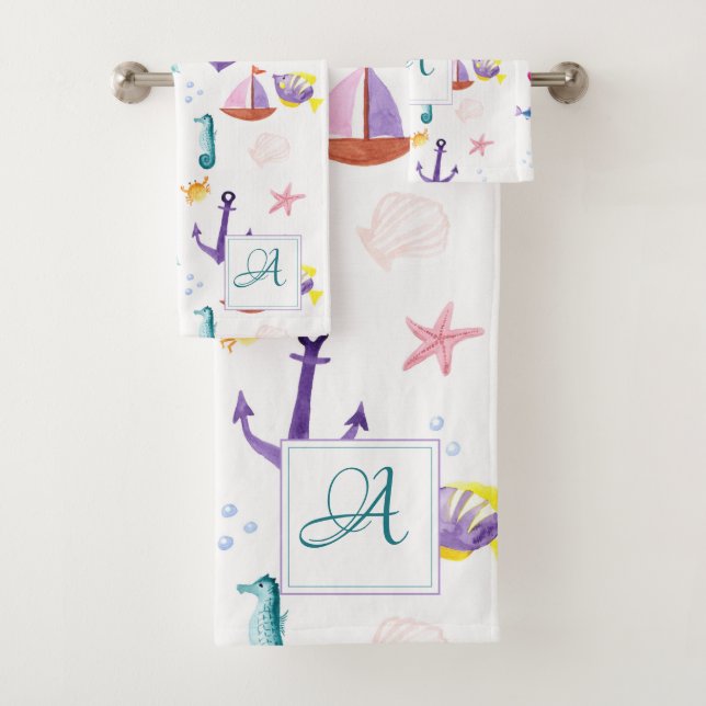 Monogrammed Beachhut Kids Bathroom Ocean Life Sea Bath Towel Set (Insitu)