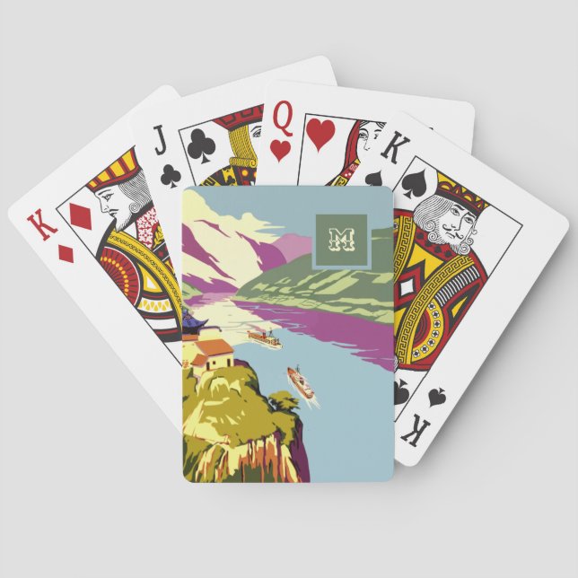 Monogrammed  Beautiful Blue Lake Boat Illustration Playing Cards (Back)