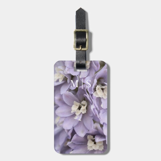 Monogrammed Beautiful Purple Delphinium Flower Luggage Tag (Front Vertical)