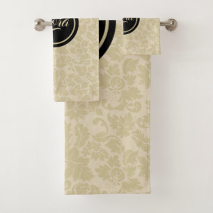 Monogrammed Beige Damask Bath Towel Set