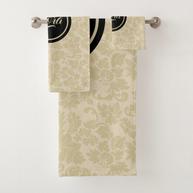 Monogrammed Beige Damask Bath Towel Set (Insitu)
