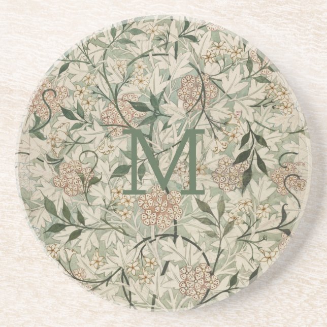 Monogrammed Beige, Sage Green, Peach Floral  Coaster (Front)