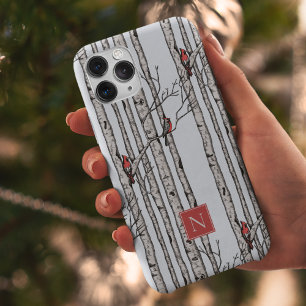 Monogrammed Birch Trees and Red Cardinal Birds Case-Mate iPhone 14 Pro Max Case