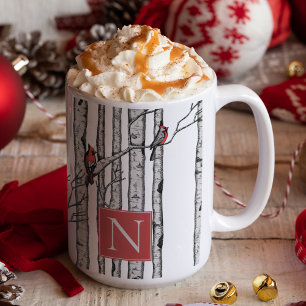 Monogrammed Birch Trees and Red Cardinal Birds Mug