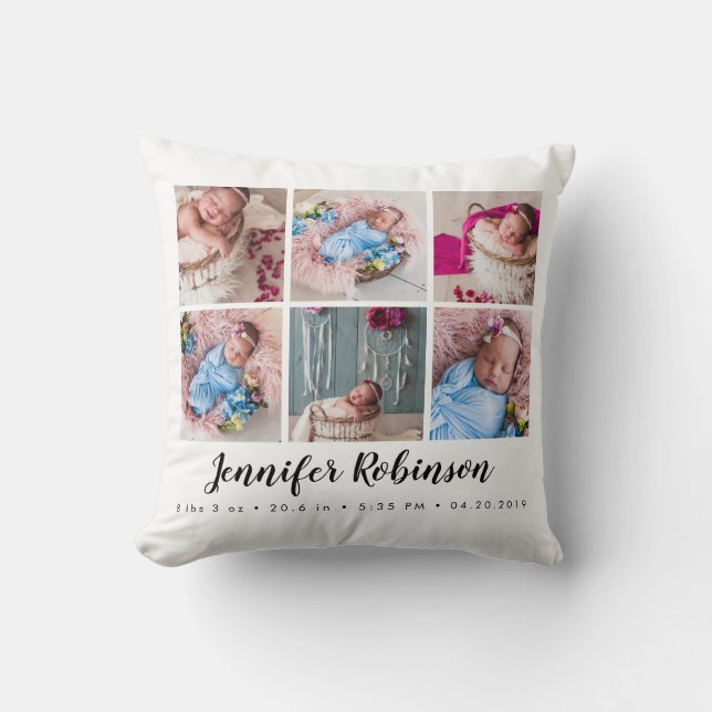 Monogrammed Birth Stat White Photo Throw Pillow (Front)