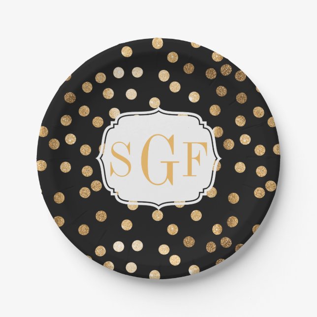 Monogrammed Black and Gold Glitter Dots Paper Plate (Front)