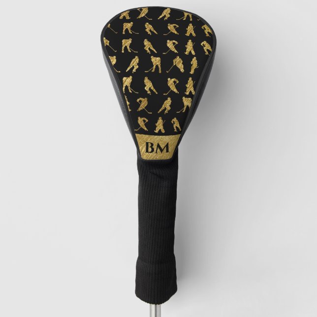 Monogrammed Black And Gold Hockey Theme Golf Head Cover (Front)