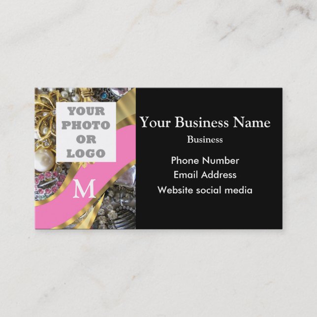 Monogrammed black and gold jewellery and logo business card (Front)