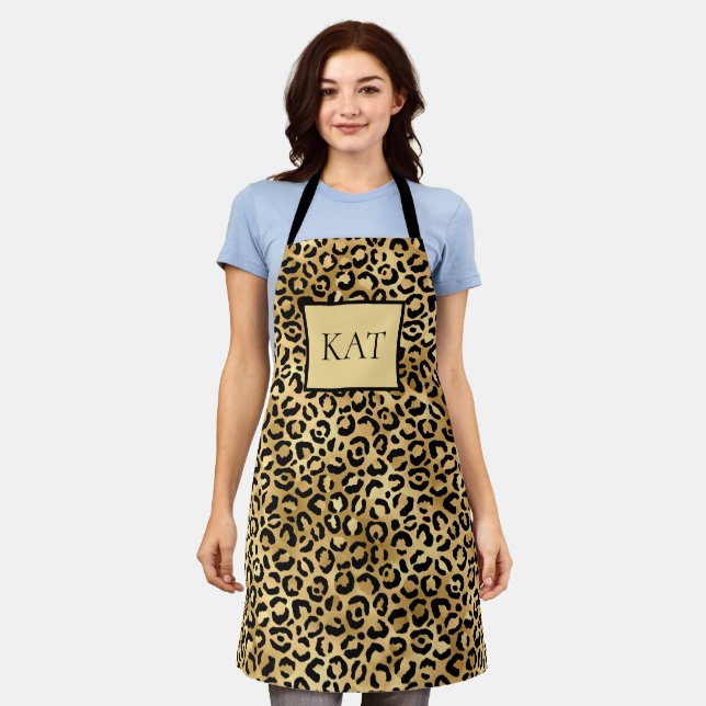 Monogrammed Black and Gold Leopard Print Cheetah  Apron (Worn)