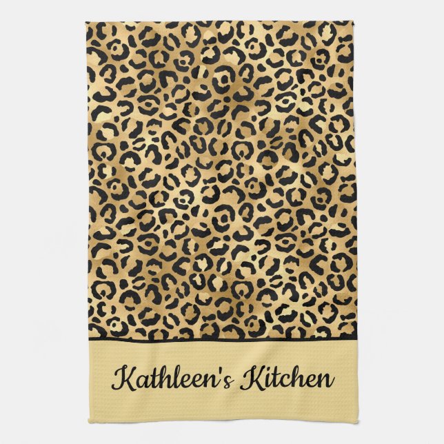 Monogrammed Black and Gold Leopard Print Cheetah Kitchen Towel (Vertical)