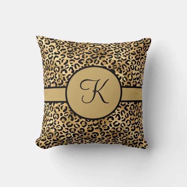 Monogrammed Black and Gold Leopard Print Throw Pillow (Front)