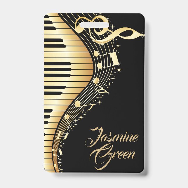 Monogrammed Black And Gold Music Notes Badge (Front)