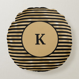 Monogrammed Black and Gold Striped Chic Modern  Round Pillow