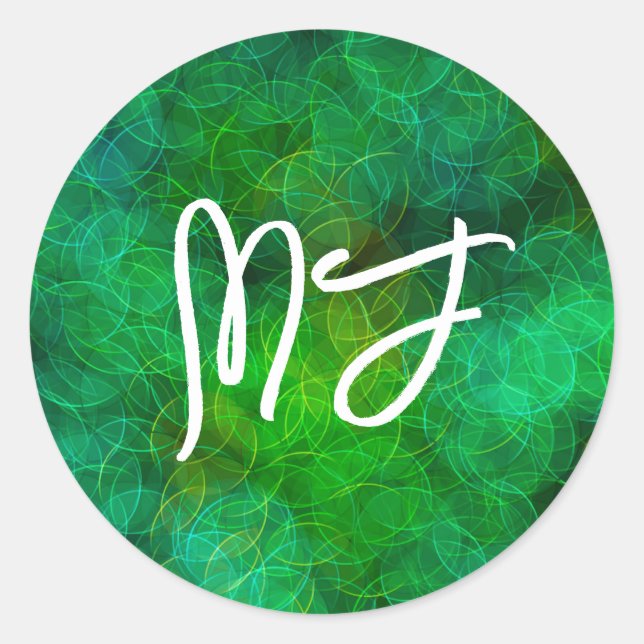 Monogrammed Black and Green Bokeh Classic Round Sticker (Front)