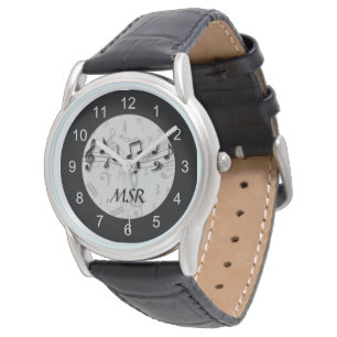 Monogrammed Black and Grey Musical Notes Watch