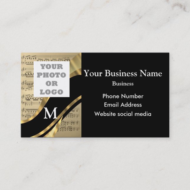 Monogrammed black and music pattern and logo business card (Front)