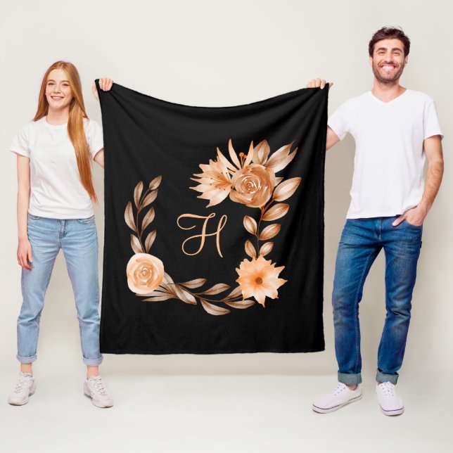 Monogrammed Black and Peach Floral Fleece Blanket (In Situ)