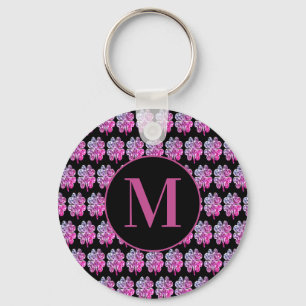 Monogrammed Black and Pink Four Leaf Clovers Keychain