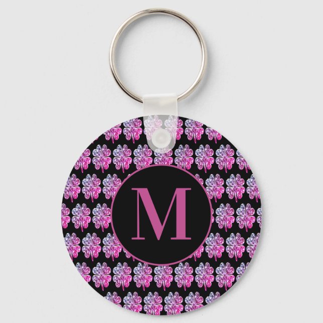 Monogrammed Black and Pink Four Leaf Clovers Keychain (Front)
