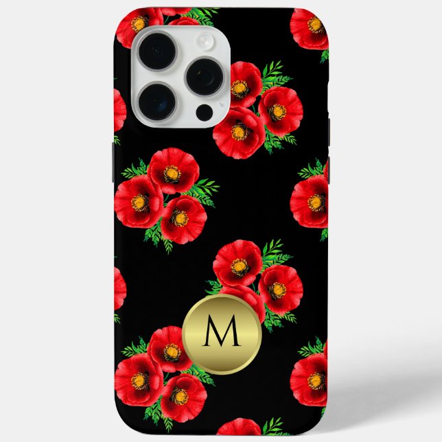 Monogrammed Black and Red Floral Poppies  Case-Mate iPhone Case (Back)
