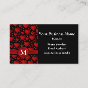 Monogrammed black and red heart pattern business card
