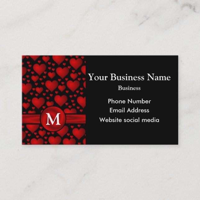 Monogrammed black and red heart pattern business card (Front)