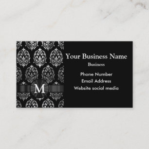 Monogrammed black and silver damask business card
