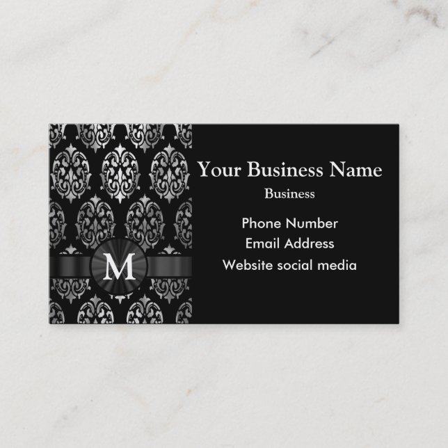 Monogrammed black and silver damask business card (Front)