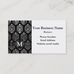 Monogrammed black and silver damask business card