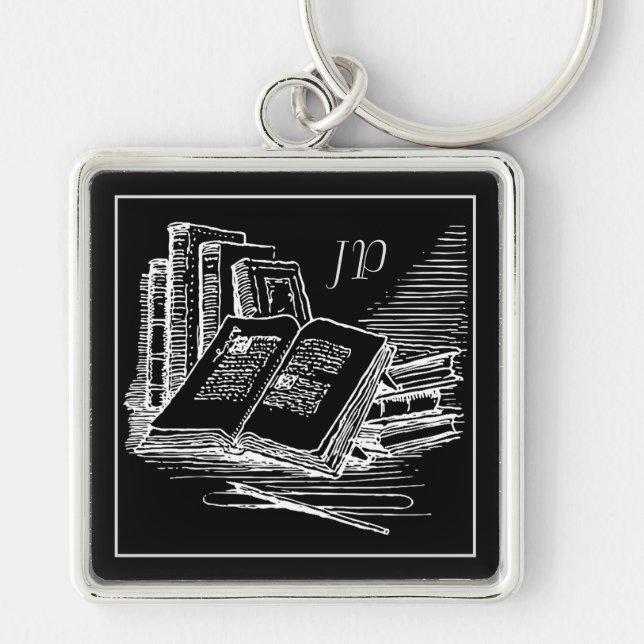 Monogrammed Black And White Academia  Keychain (Front)