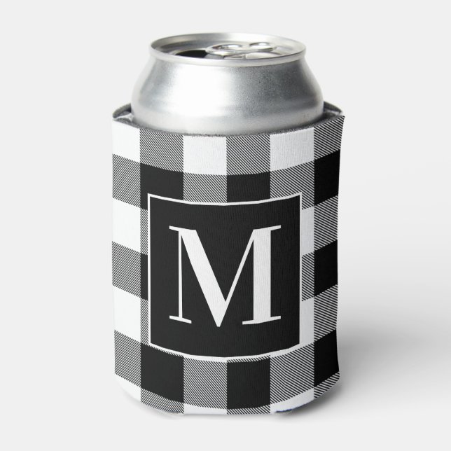 Monogrammed Black and White Buffalo Plaid Can Cooler (Can Front)