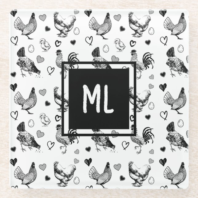 Monogrammed Black and White Cartoon Chickens Glass Coaster (Front)