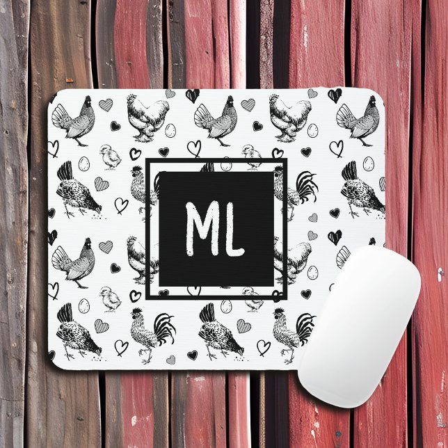 Monogrammed Black and White Cartoon Chickens Mouse Pad (Creator Uploaded)