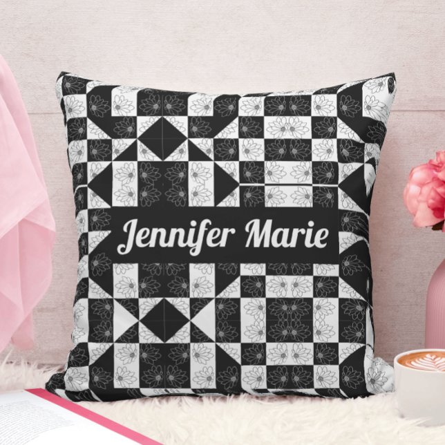 Monogrammed Black and white chequered Floral print Throw Pillow (Creator Uploaded)