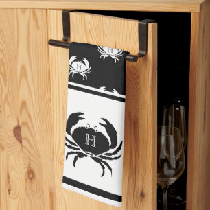 Monogrammed Black and White Crab Nautical Kitchen Towel